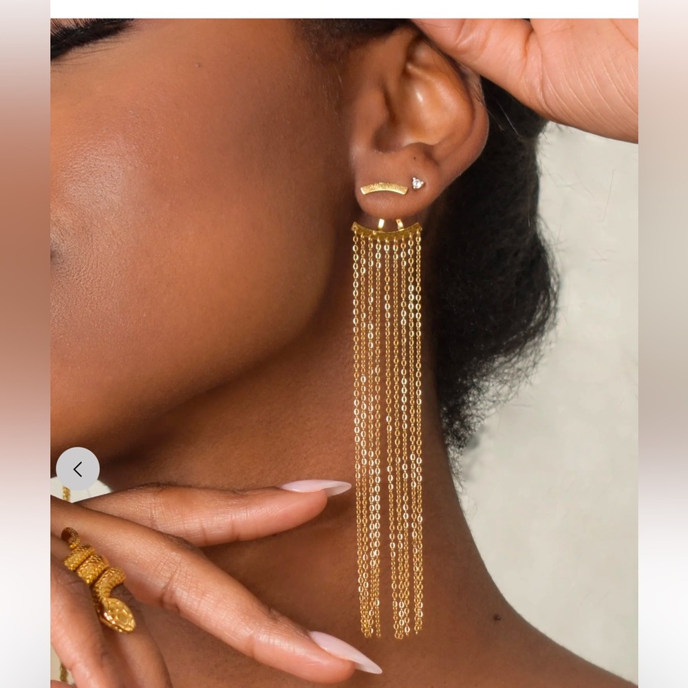 SIMONE The Label Earrings 14K Gold Plated Waterfall Chain Stud NEW